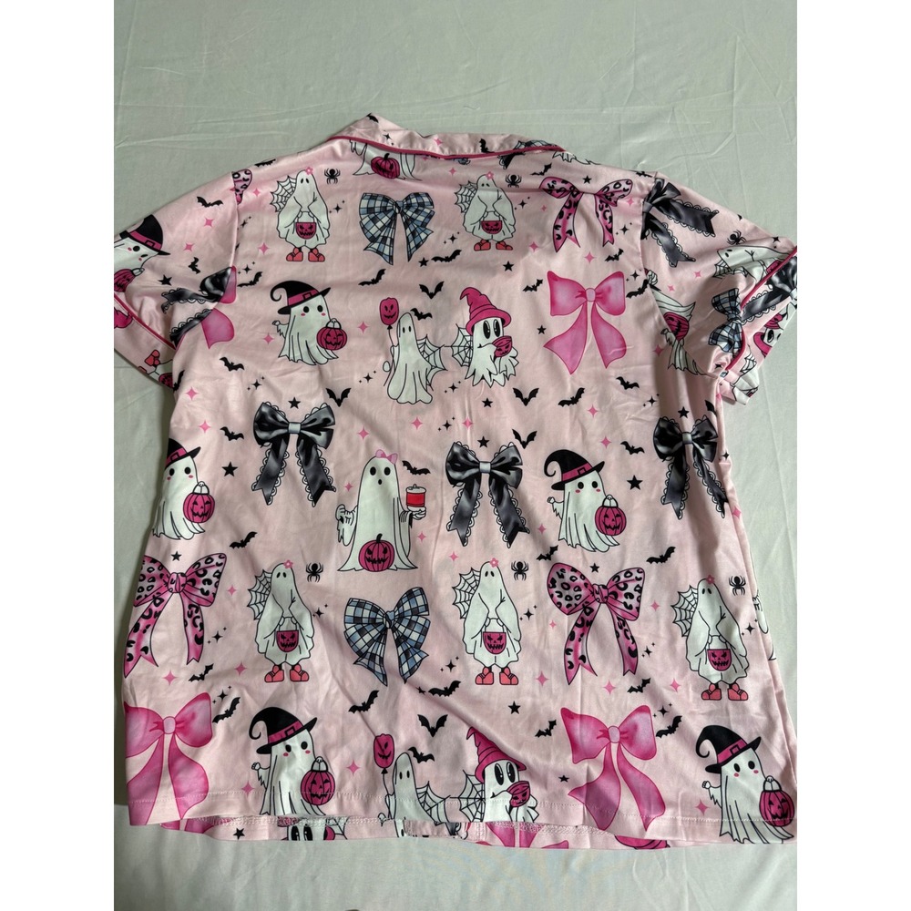 Pink Halloween Ghost Bow Pajama Set Short Sleeve Button Down Shorts Womens Large - Picture 6 of 11